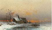 unknow artist Winter picture with cabin at a river oil painting reproduction